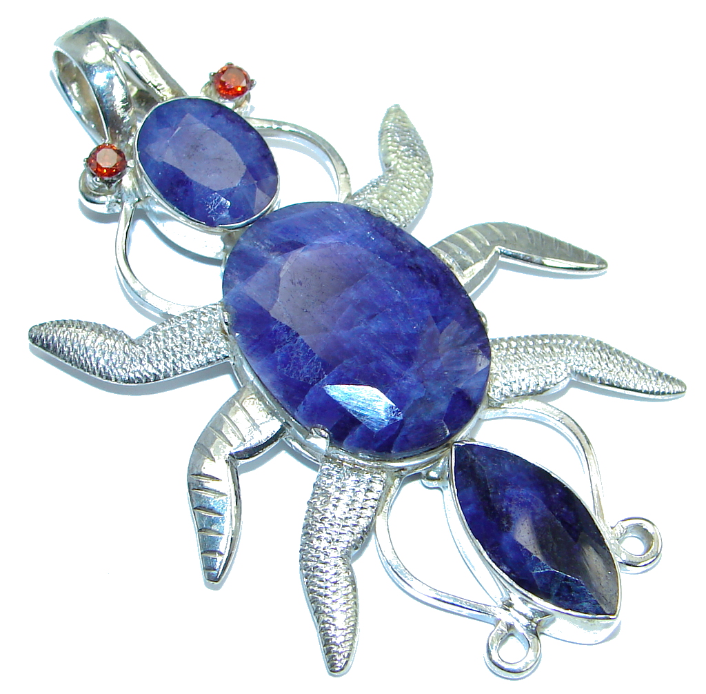 Scarabeus Blue Sapphire Garnet handmade Sterling Silver Pendant