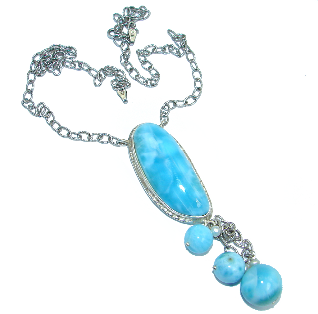 Great Masterpiece Natural Blue Larimar Pearl Oxidized Sterling Silver handmade necklace