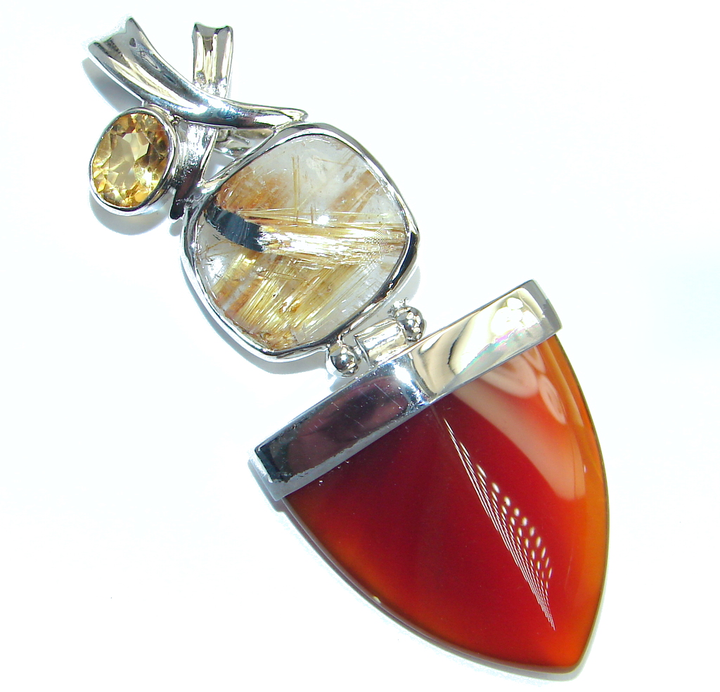 Beautiful Carnelian Citrine Rutilated Quartz Sterling Silver handmade Pendant