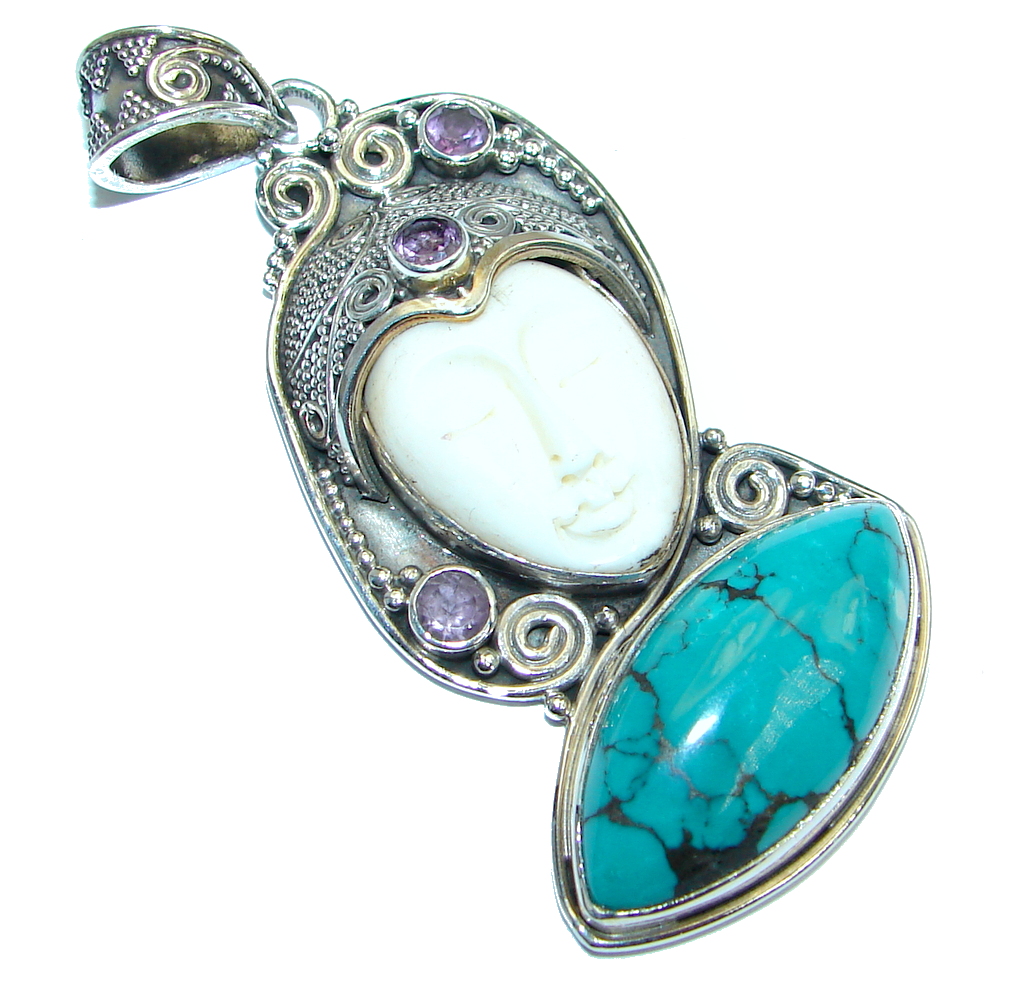 Carved Bone Turquoise Amethyst Sterling Silver handmade Pendant