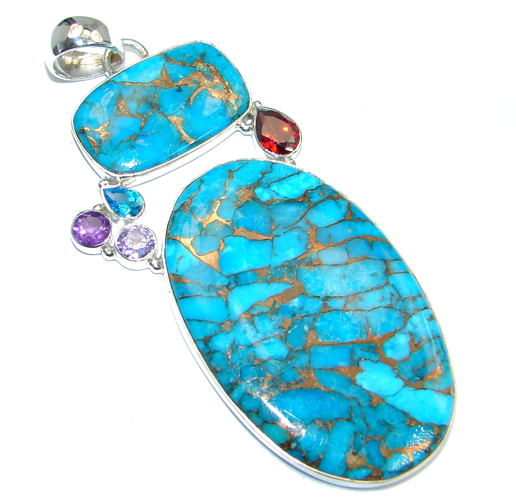 Blue Copper vains Turquoise Sterling Silver handmade Pendant