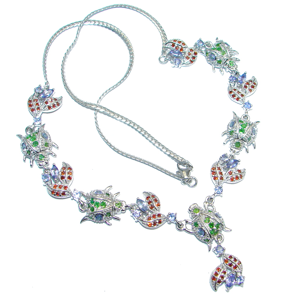 Five Ladybugs Natural Tanzanite Chrome Diopside Mozambique Garnet 925 Silver Necklace