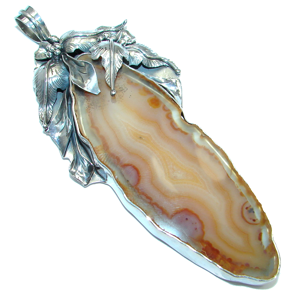Jumbo Floral Design Botswana Agateb Sterling Silver handmade Pendant