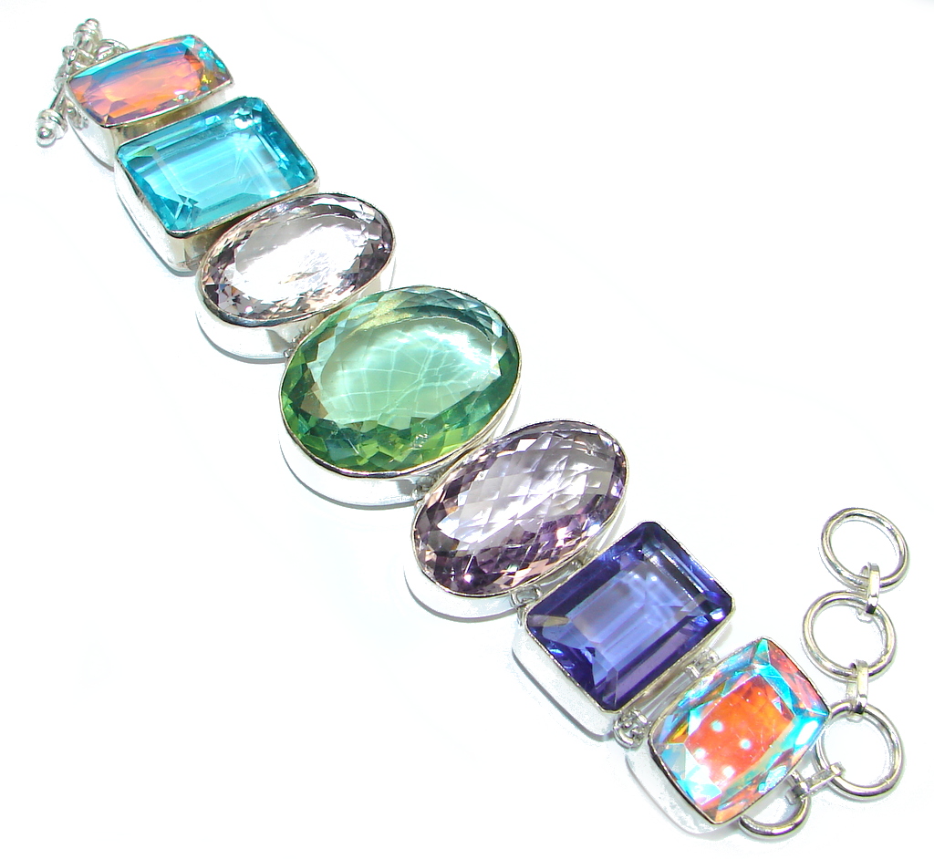 Giant Special Item Fancy Multicolor Quartz 925 Sterling Silver handmade Bracelet