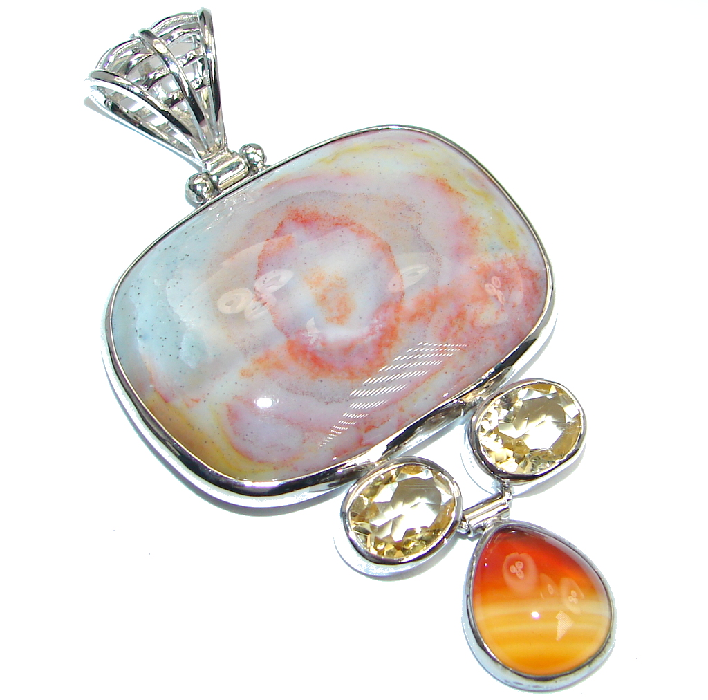 Huge Genuine Peach color Botswana Agate Sterling Silver handmade Pendant