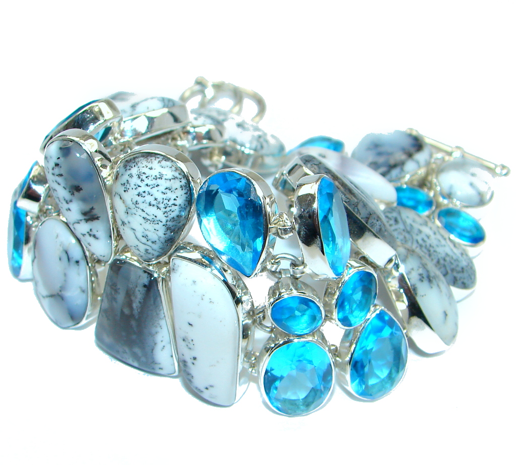 Jumbo Solid Genuine Dendritic Agate and Quartz Sterling Silver handmade Bracelet