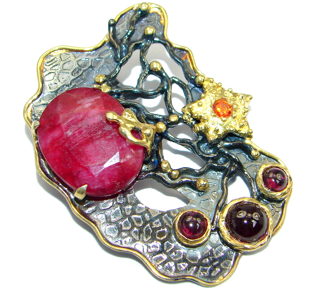 Huge Ruby Garnet Gold plated over Sterling Silver handmade Pendant