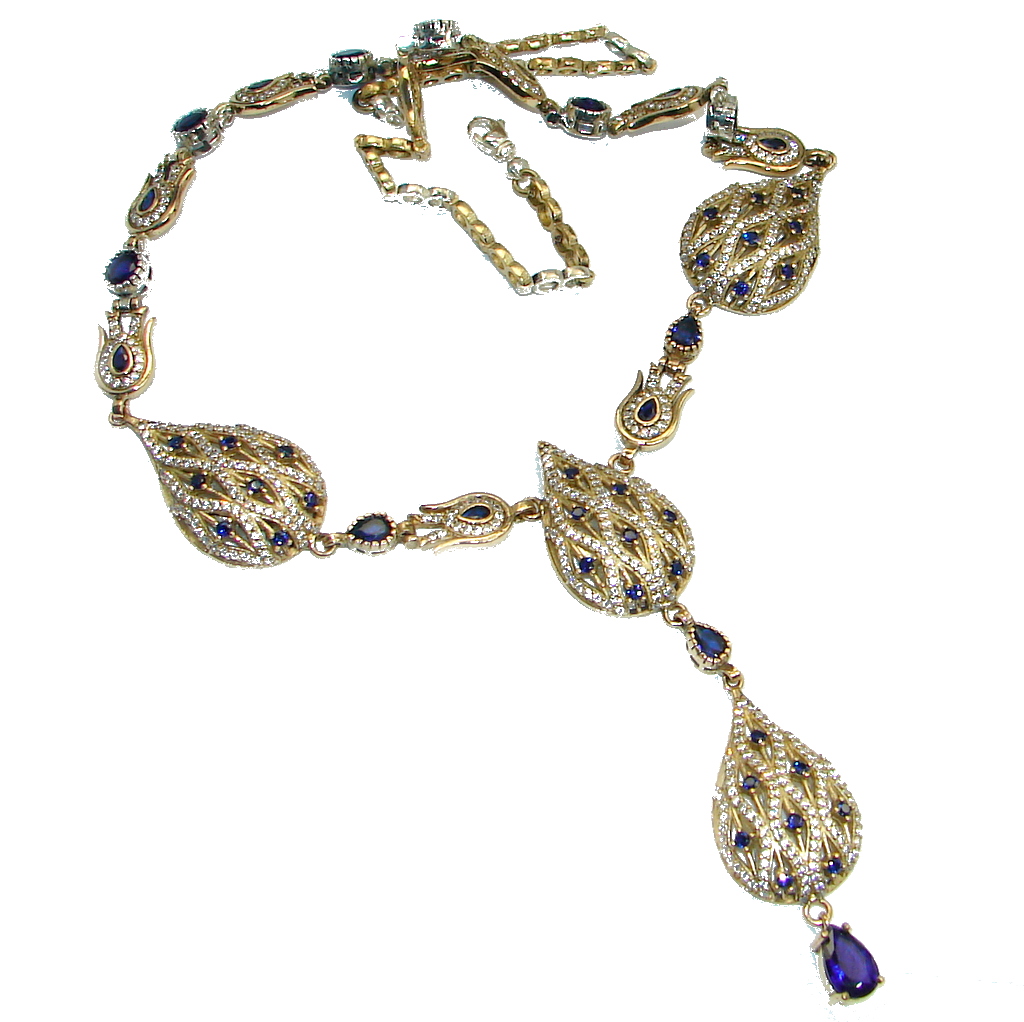 Elegant Victorian Style created Sapphire & White Topaz copper over Sterling Silver necklace