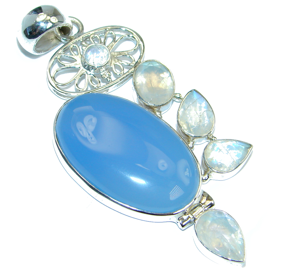 Blue Aura Chalcedony Agate Moonstone Sterling Silver handmade Pendant