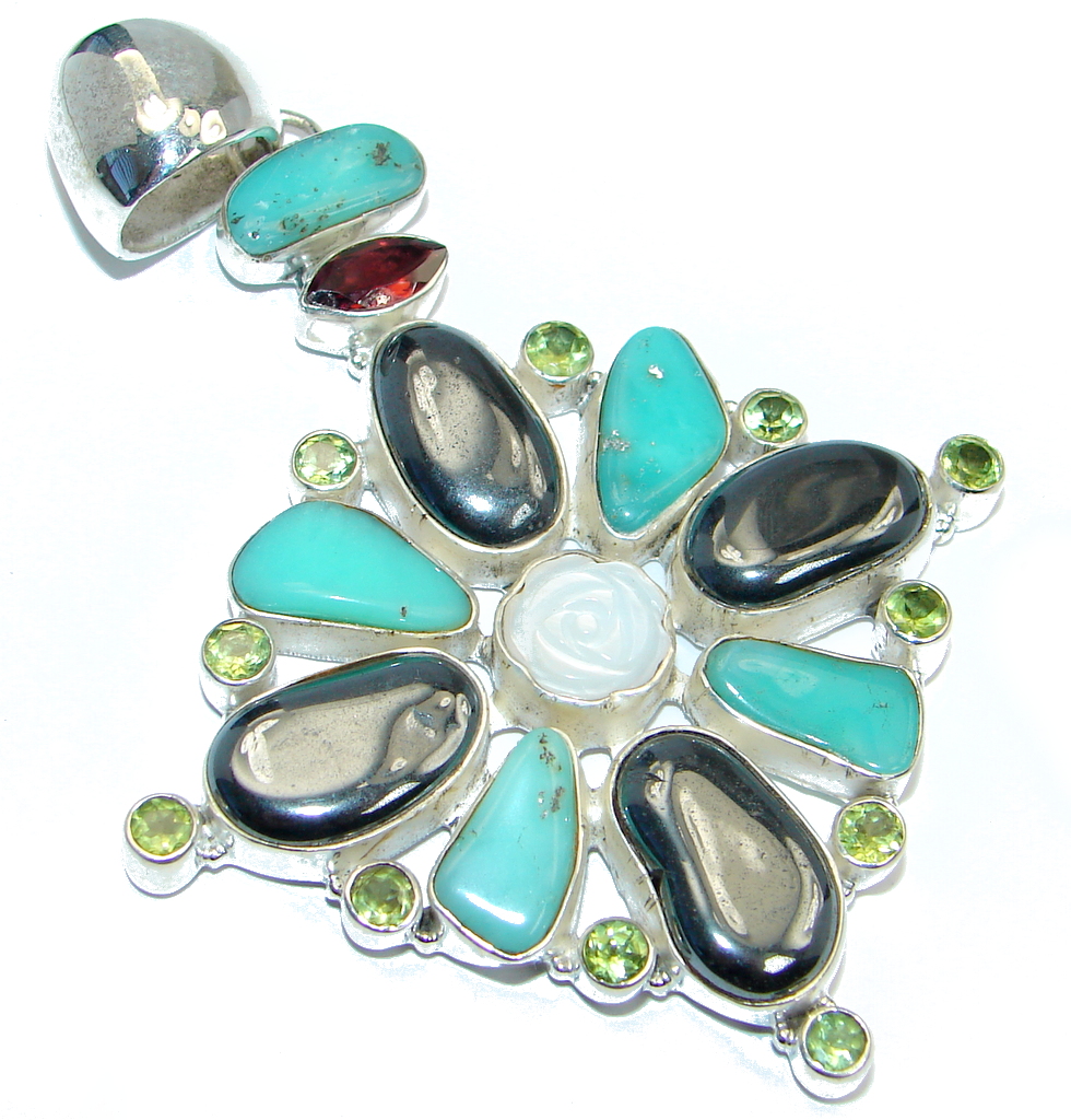 Large Magnificent Flower Hematite Chrysoprase sterling Silver handmade Pendant