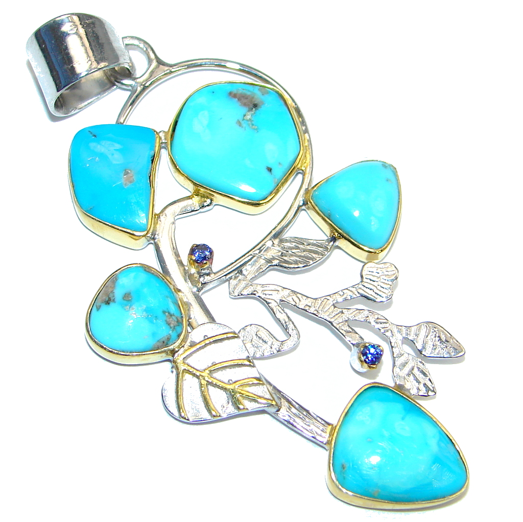 Authentic Sleeping Beauty Turquoise Two Tones Sterling Silver handmade Pendant