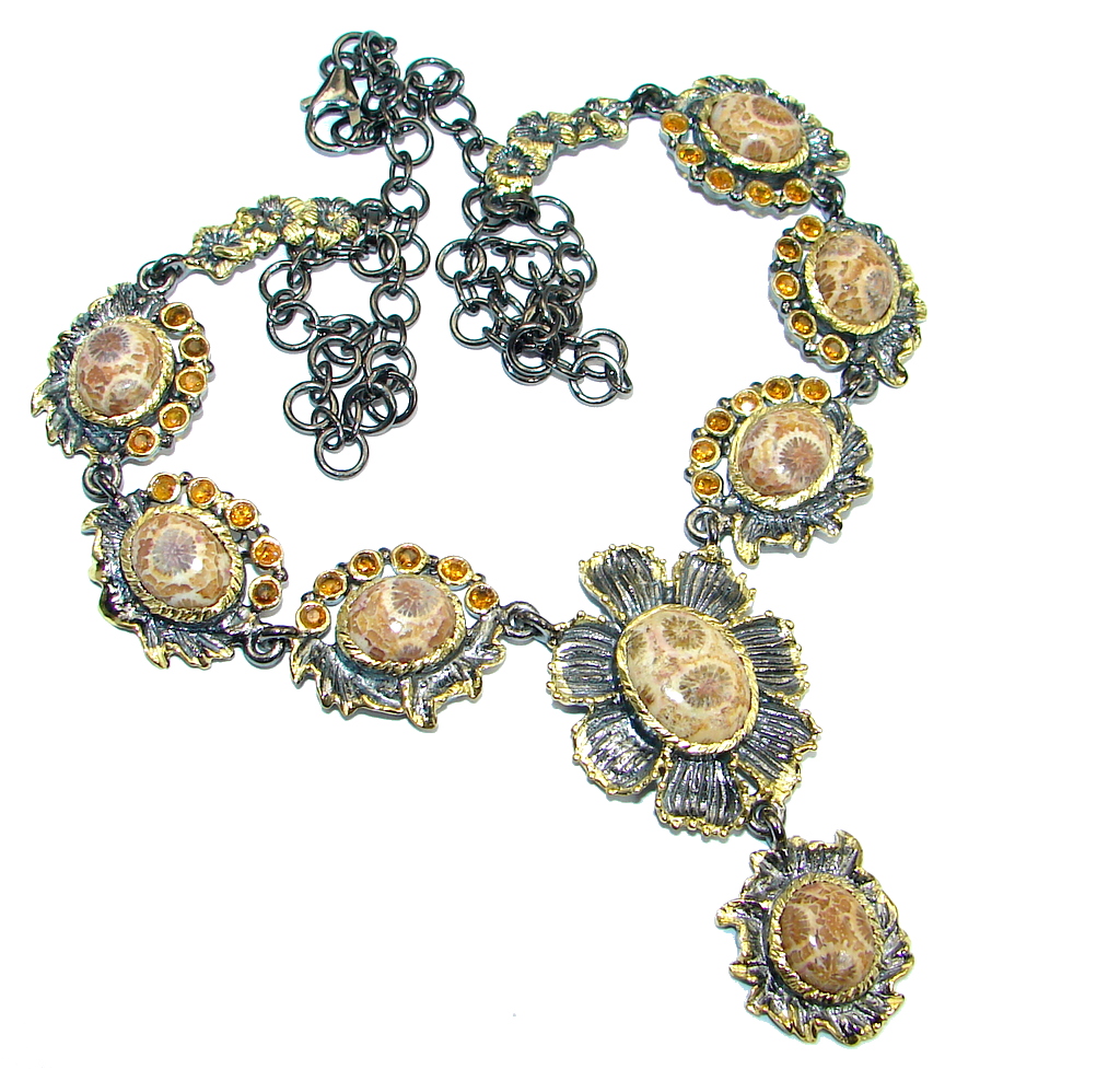 Orange Sapphire Fossilized Coral Gold plated over Sterling Silver handmade necklace