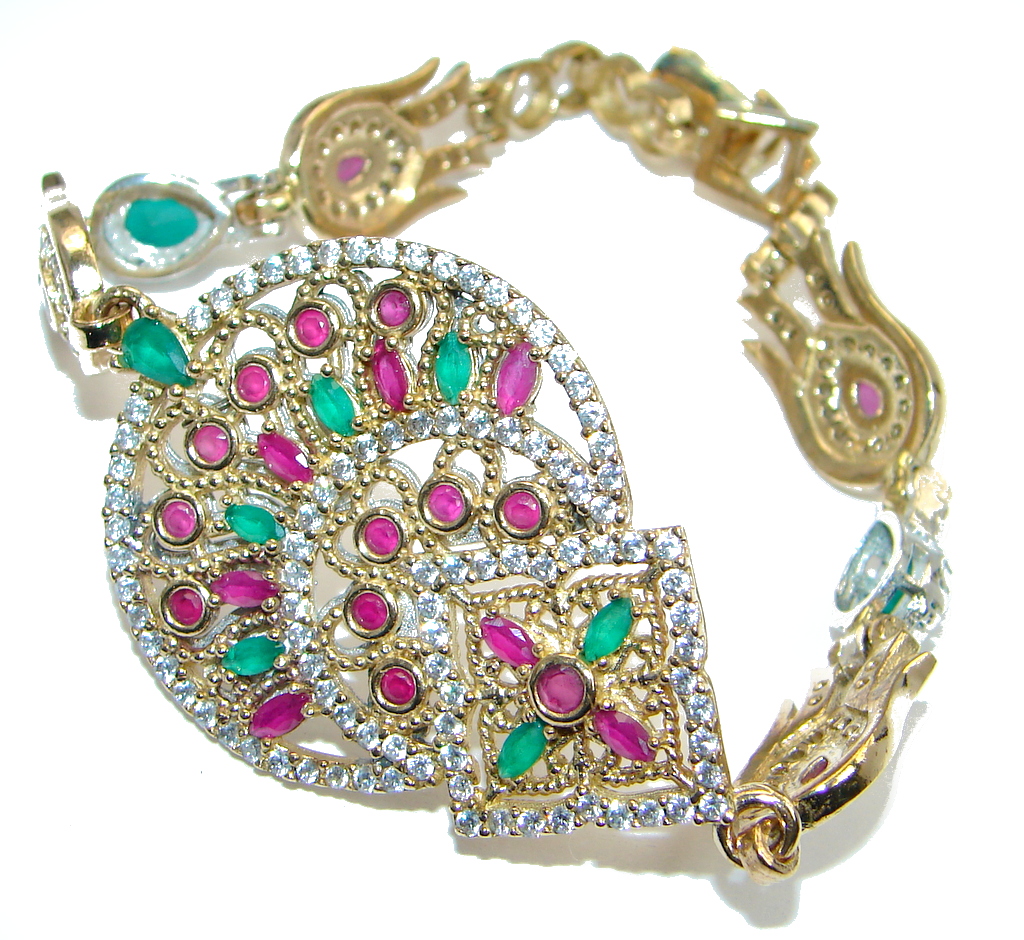 Flawless created Ruby Emerald Gold Rhodium plated over Sterling Silver Bracelet