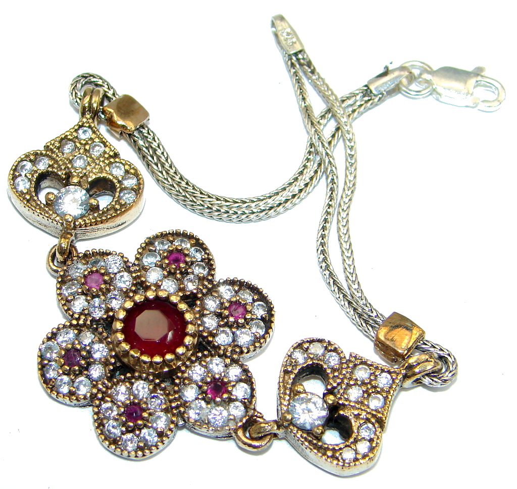 Victorian Style created Ruby & White Topaz Sterling Silver Bracelet