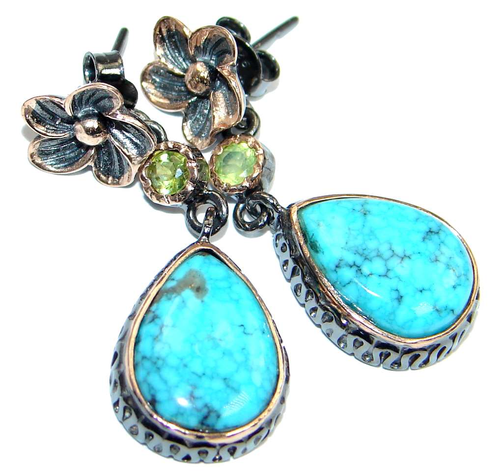 Genuine Blue Turquoise Peridot Two Tones Sterling Silver handmade stud earrings