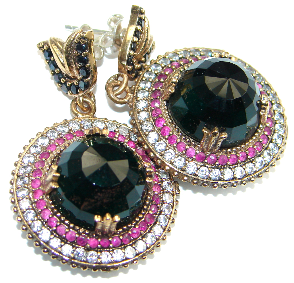 Huge Victorian Style created Red Ruby Sterling Silver stud earrings