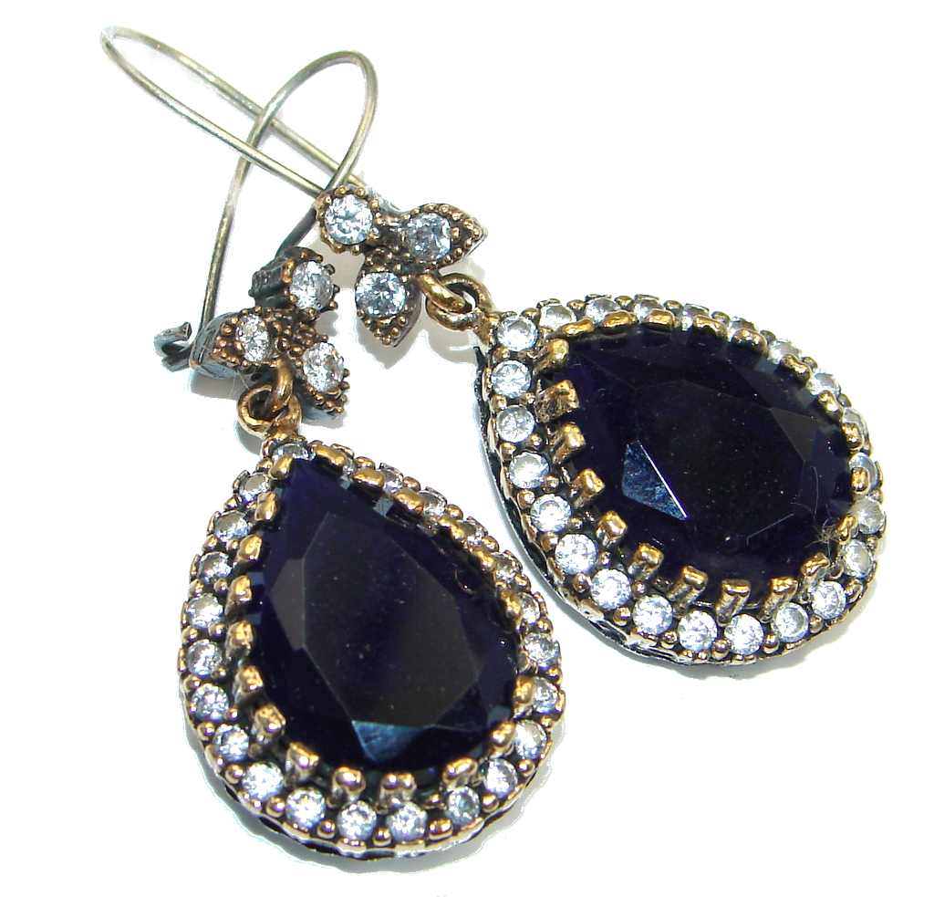 Huge Victorian Style created Sapphire Sterling Silver stud earrings