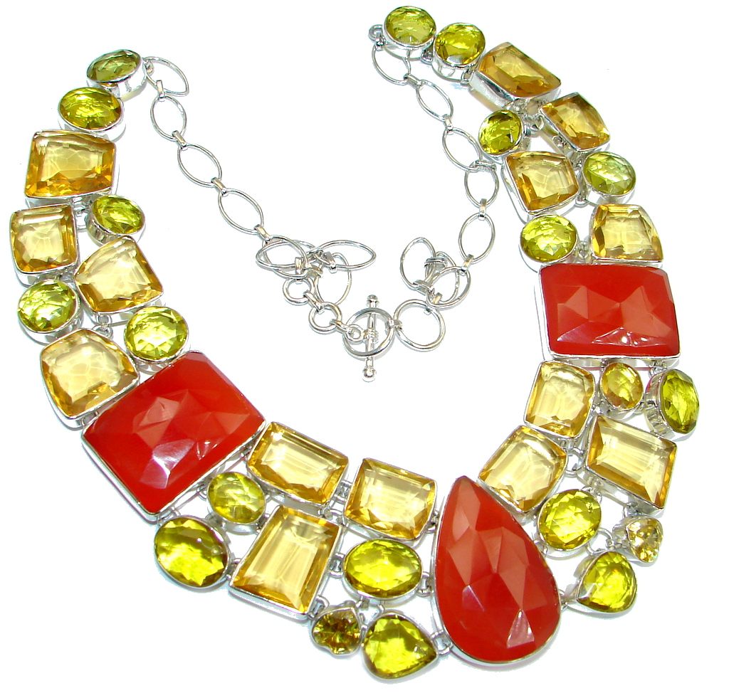 Jumbo Bold Carnelian lab. Golden Topaz Sterling Silver handmade Necklace