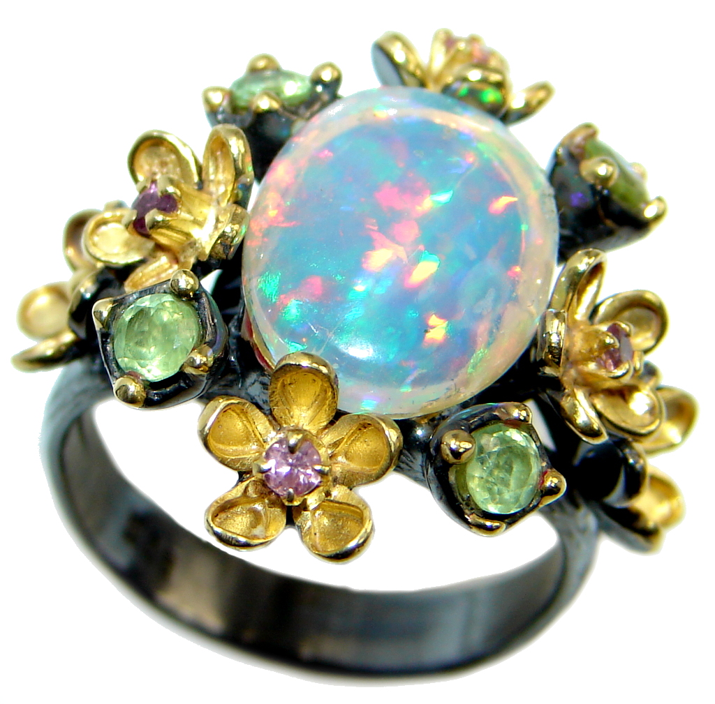 Natural 15.6ct Ethiopian Opal Peridot Pink Topaz 18ct Gold Rhodium plated over Sterling Silver ring size 8