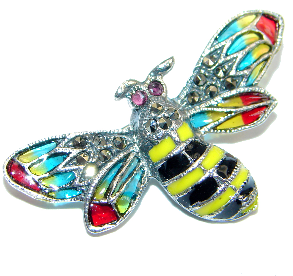 Awesome Natural Red Pink Ruby Marcasite 925 Sterling Silver Enamel Bee Brooch
