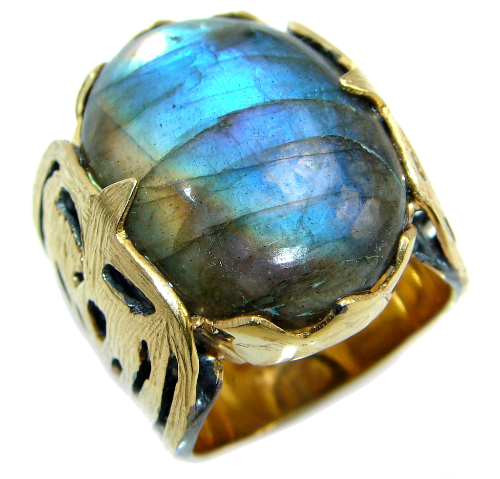 Big Blue Fire Labradorite Gold plated over Sterling Silver handmade ring size 8 1/2