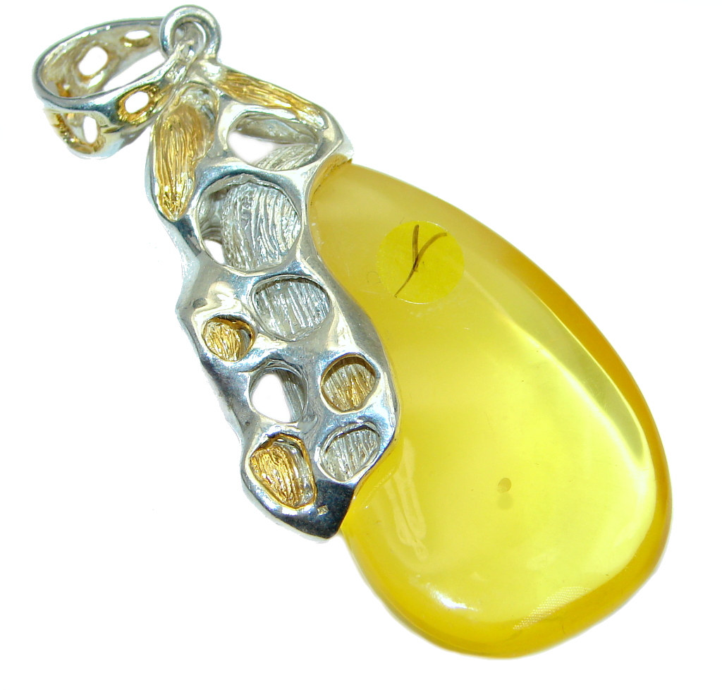 Natural Baltic Amber Two Tones Sterling Silver handcrafted Pendant
