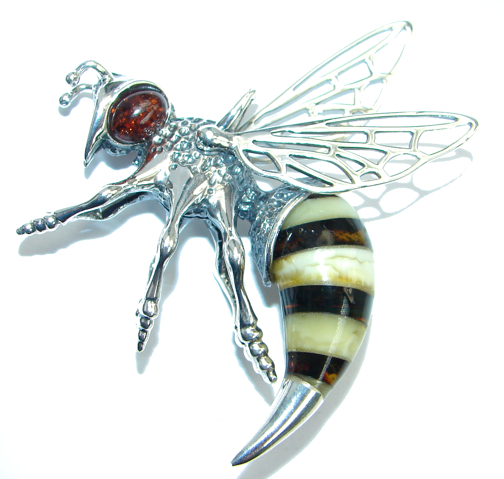 Large Masterpiece Honey Bee Baltic Polish Amber Sterling Silver Handmade Pendant
