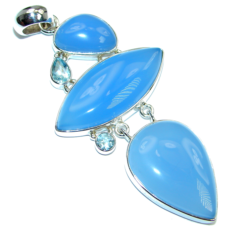 Blue Aura Chalcedony Agate Swiss Blue Topaz Sterling Silver handmade Pendant
