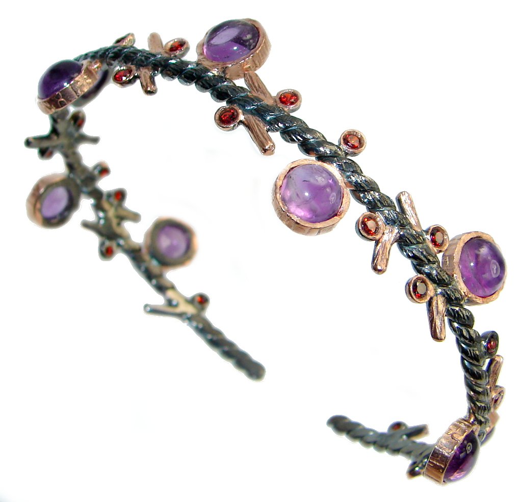 Precious Natural Rich Amethyst Rhodolite Garnet Gold plated over 925 Sterling Silver bracelet