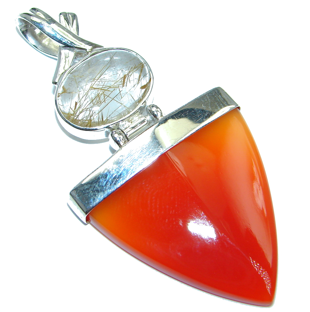Beautiful Carnelian Rutilated Quartz Sterling Silver handmade Pendant