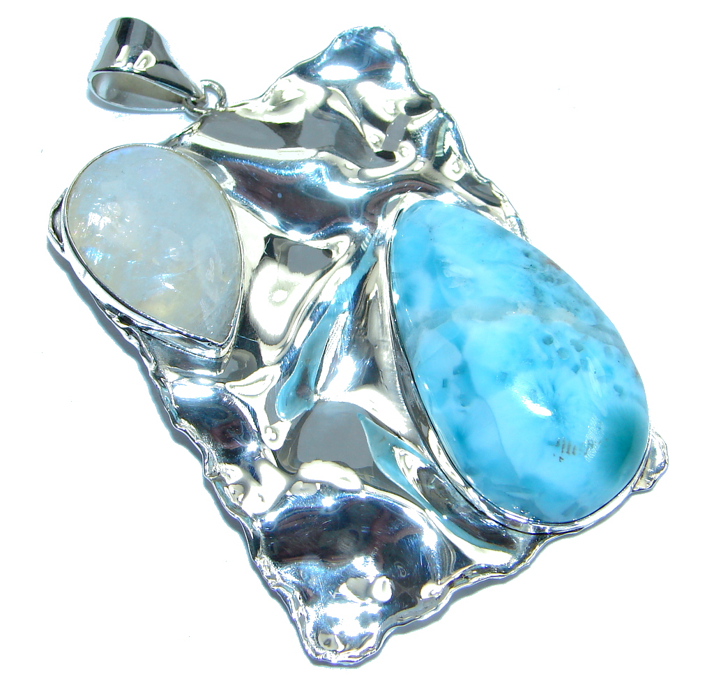 Jumbo Natural Moonstone Blue Larimar Hammered Sterling Silver Pendant
