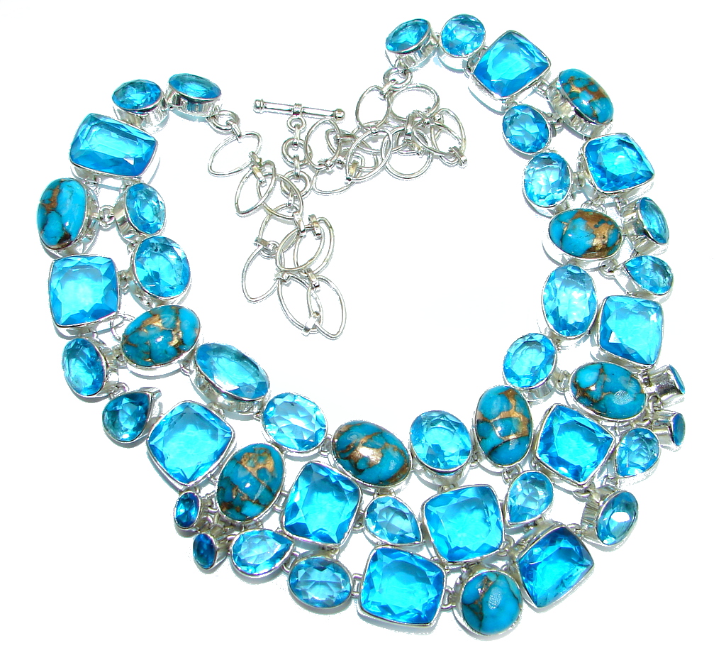 Unusal Style genuine Copper Turquoise lab. Blue Topaz Sterling Silver handmade necklace