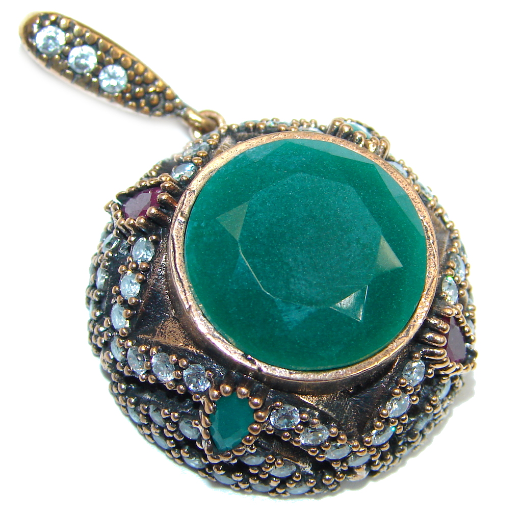 Victorian Style created Emerald Two tones Sterling Silver Pendant