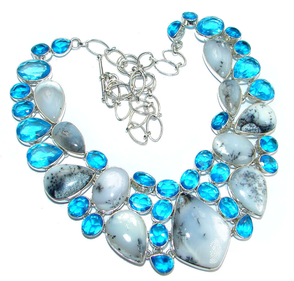 Oversized! Amazing Beauty Dendritic Agate & lab. Blue Topaz Sterling Silver necklace