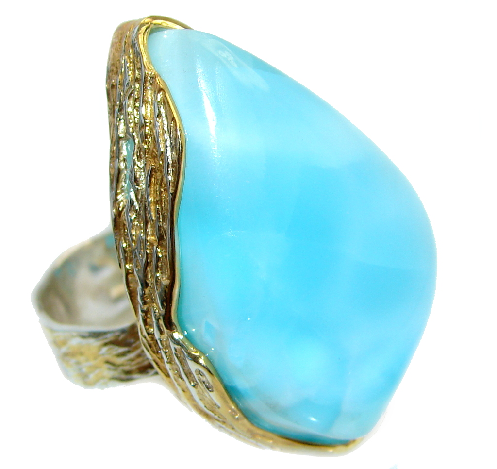 Jumbo Vintage Look Genuine Larimar Two Tones Sterling Silver handmade Ring size 9