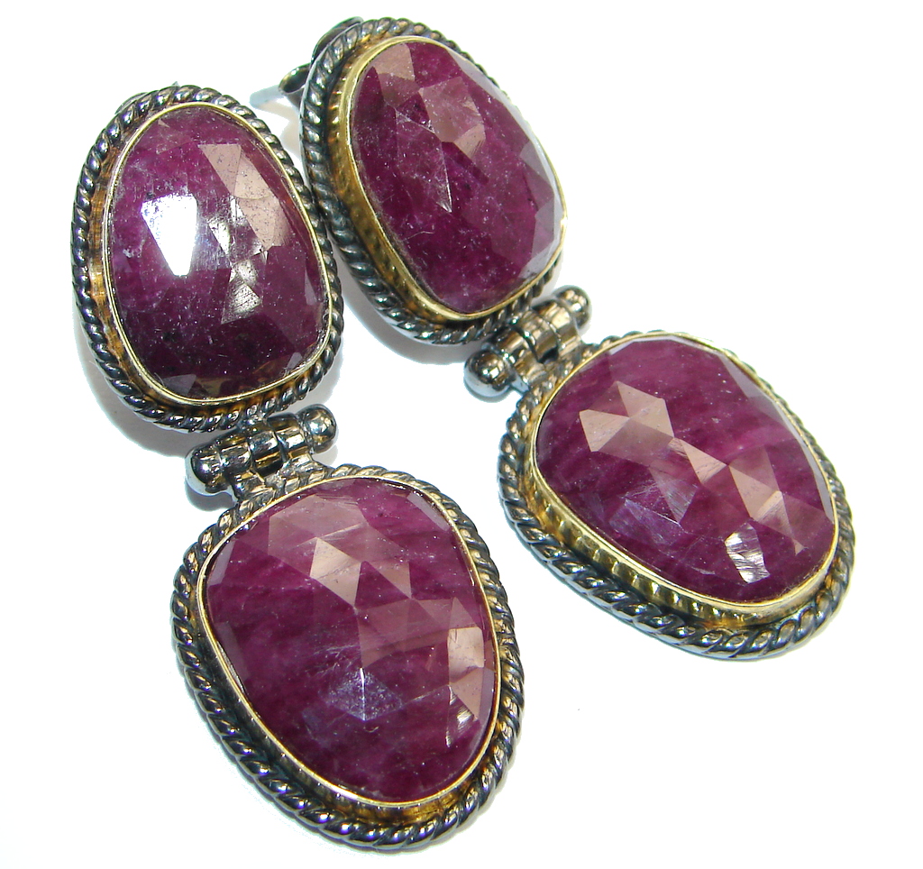 Trendy Ruby 18ct Gold Rhodium plated over Sterling Silver handmade stud earrings