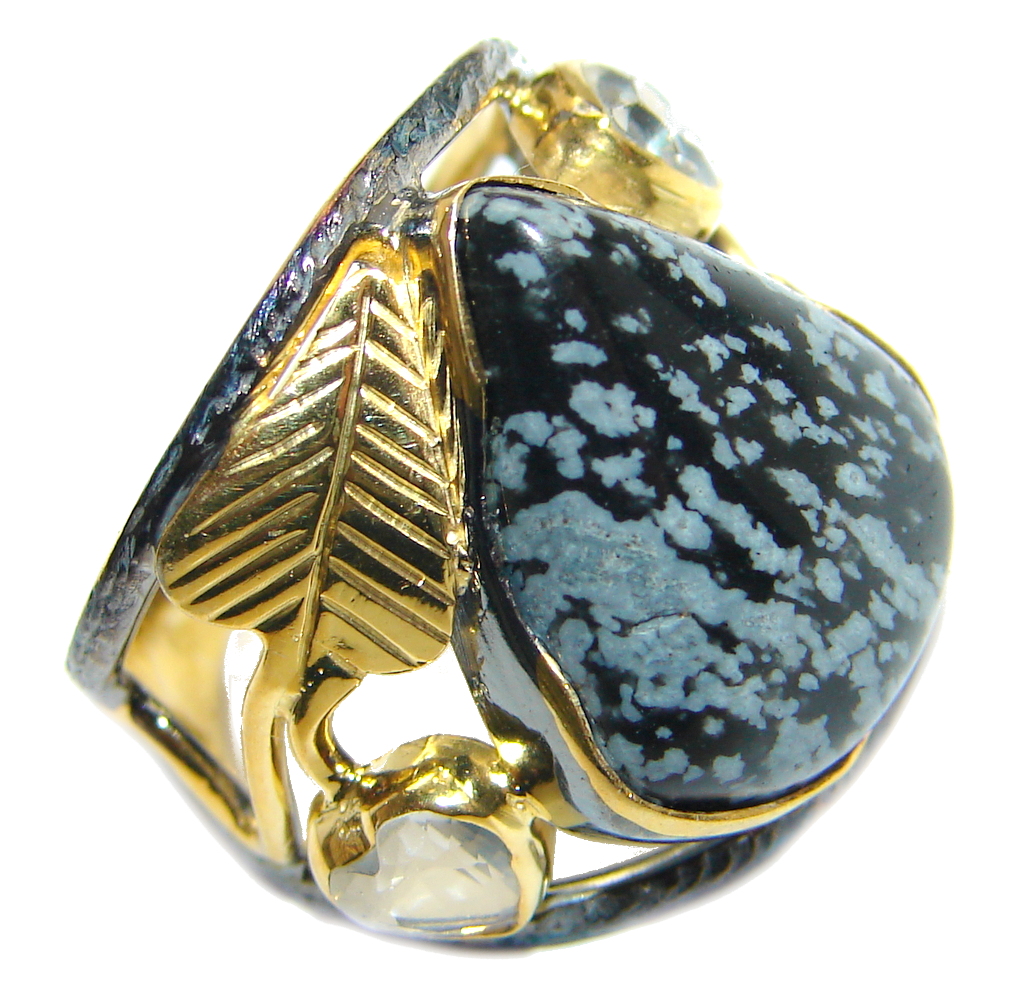 Black Snowflake Obsidian Gold Rhodium plated over Sterling Silver ring s. 6
