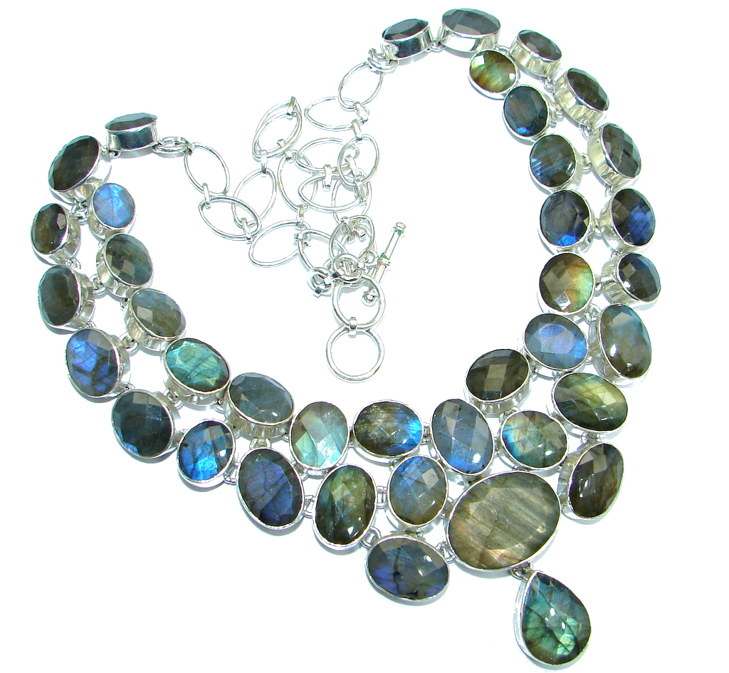 Chunky Cascade of Lights Labradorite hammered Sterling Silver entirely handcrafted necklace
