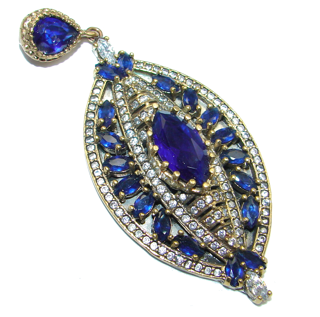 Victorian Style Created Blue Sapphire & White Topaz Sterling Silver Pendant