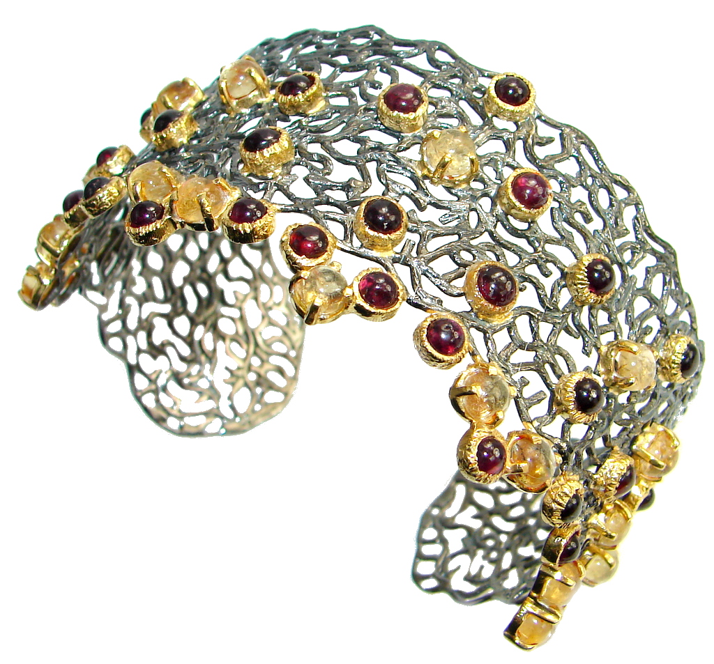Chunky Genuine Garnet Citrine Gold Rhodium plated over Sterling Silver handcrafted Bracelet