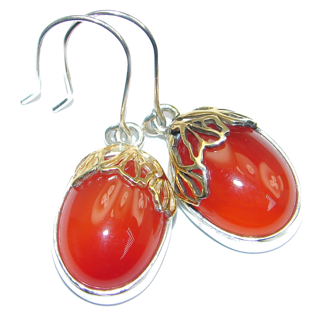Orange Carnelian Two Tones Sterling Silver handmade earrings