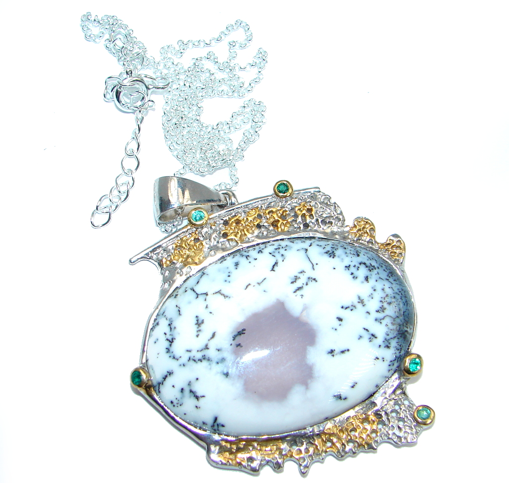 Fainth In Love Dendritic Agate Chrome Diopside Two Tones Sterling Silver necklace