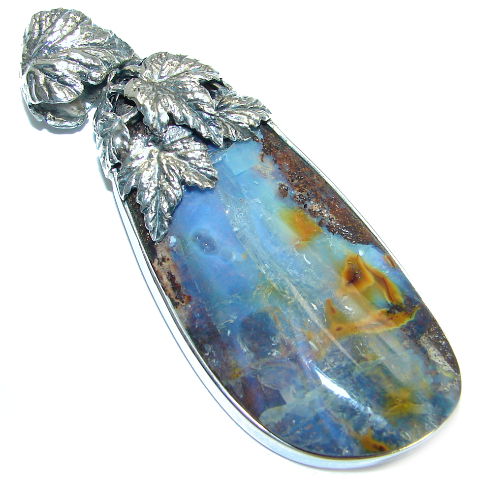 Beautiful Natural Australian Boulder Opal Oxidized Sterling Silver handmade Pendant