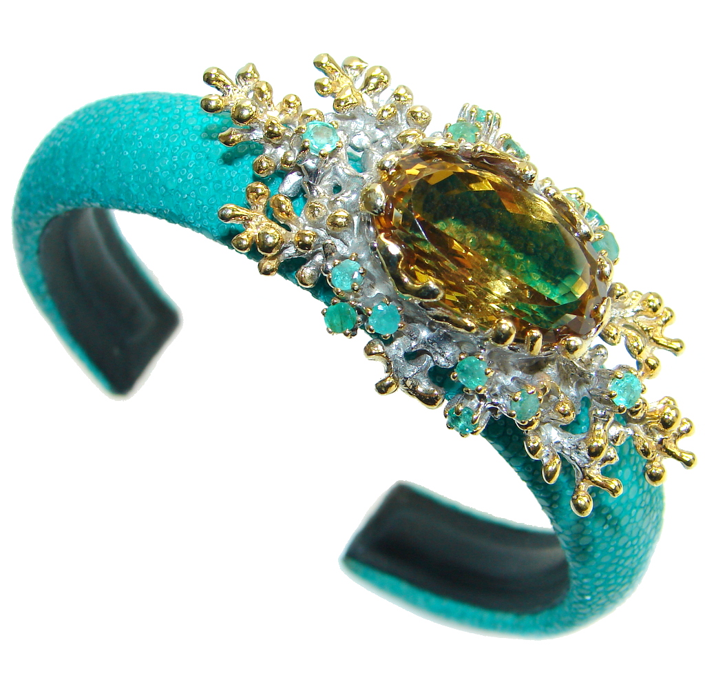 Rare Citrine Emerald 925 Sterling Silver Stingray Leather Bangle bracelet Handmade
