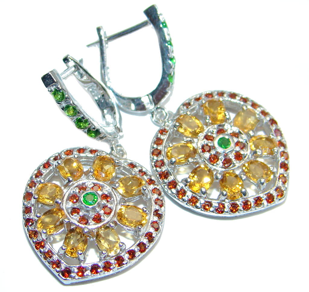 Sublime Natural Gem Citrine Ruby Tsavorite Garnet 925 Sterling Silver Earrings