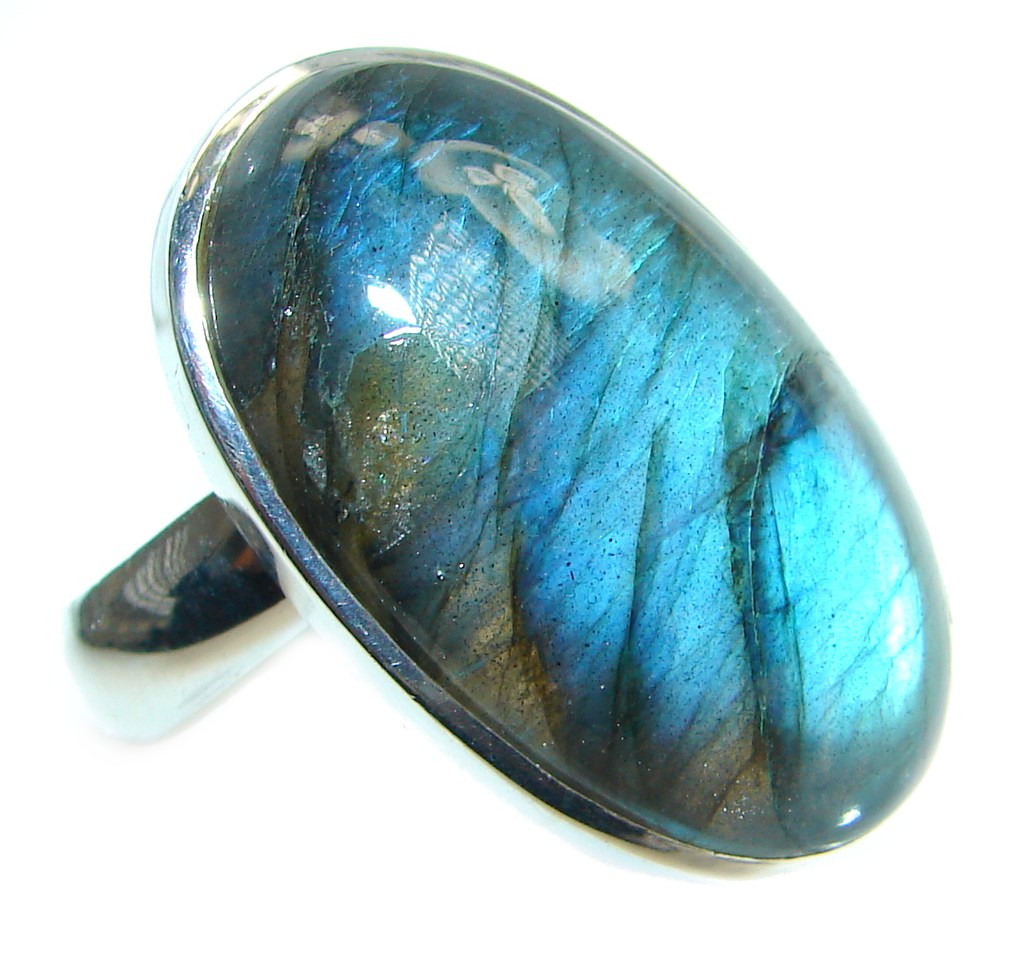 Blue Fire Labradorite Gold plated over Sterling Silver handmade ring size 7 adjustable