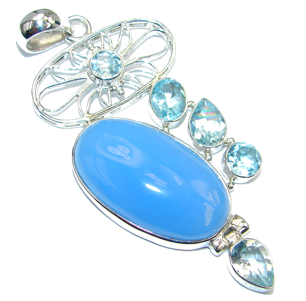 Blue Aura Chalcedony Agate Swiss Blue Topaz Sterling Silver handmade Pendant