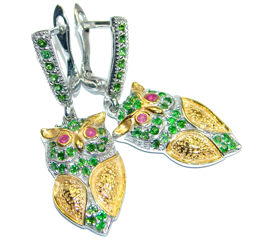 Awesome Natural Top Green Chrome Diopside Ruby 925 Sterling Silver Owl Earrings