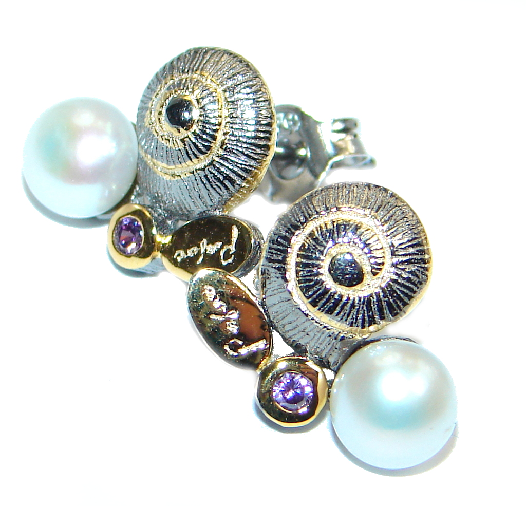 Classic Beauty fresh water Pearl Amethyst Sterling Silver handmade earrings