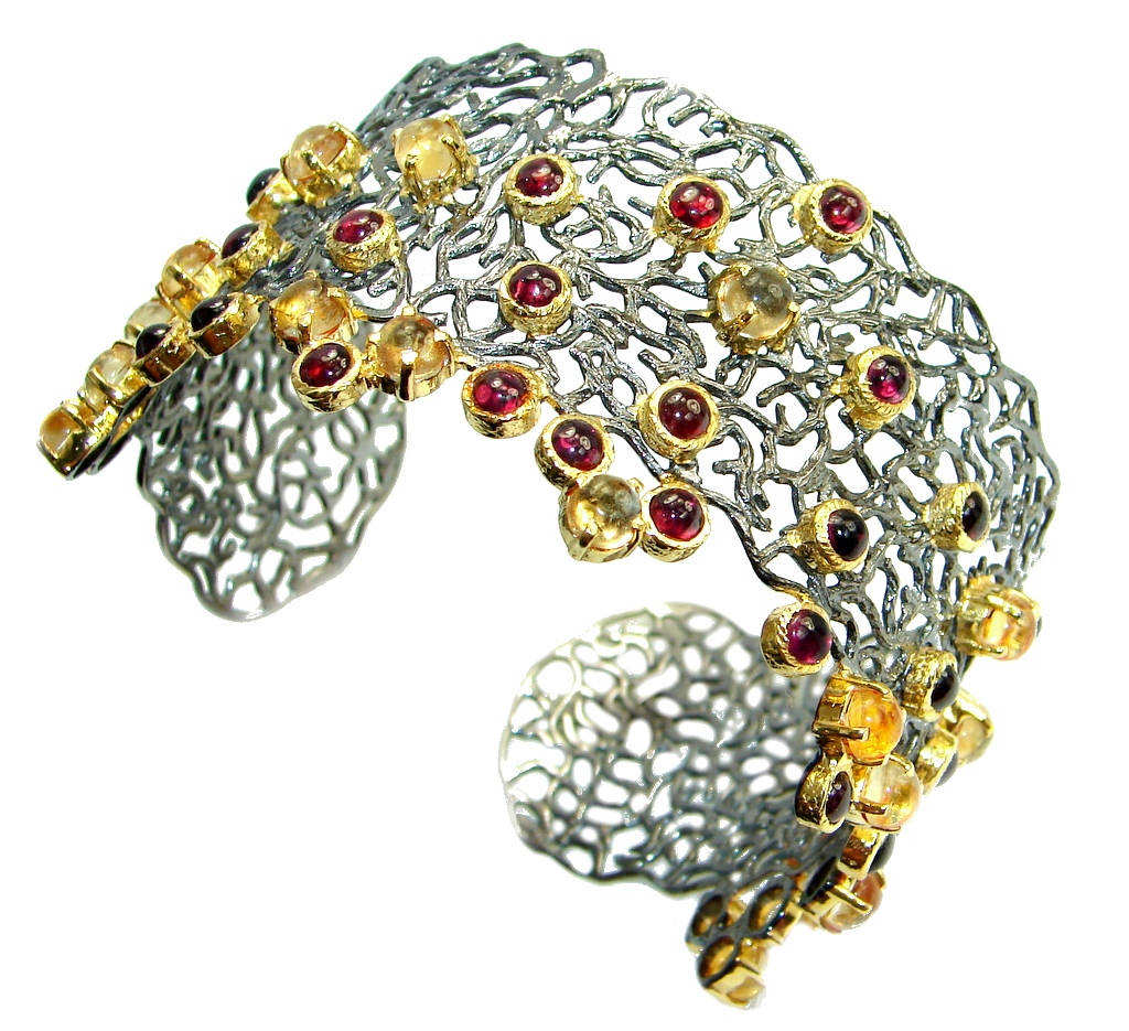 Chunky Genuine Garnet Citrine Gold Rhodium plated over Sterling Silver handmade Bracelet